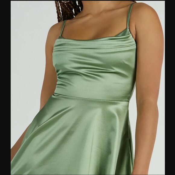 Windsor Silky Chic Satin Skater Cowl Neck Dress, Sage Green, M - Picture 2 of 5